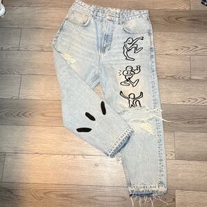 Zara Unisex Destroyed Graffitti Jeans Loose Fit Distressed Size 32